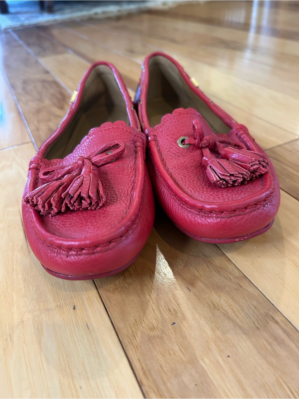 Coach Red Leather Tassel Driving Loafers - Picture 4 of 14